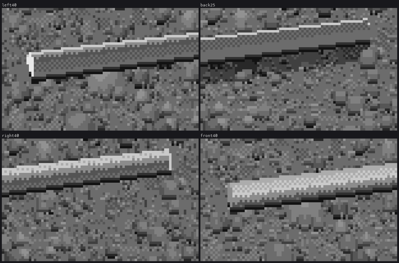 early 8x crops: dither along the edge, the dark pocket