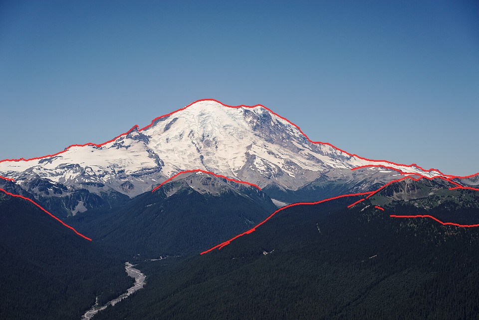 Fitted silhouette over Rainier from Silver Queen Peak.