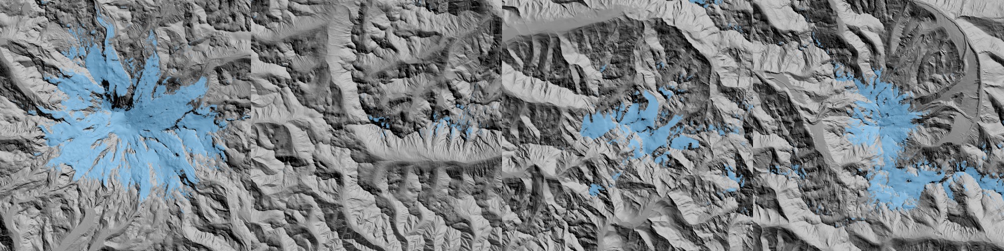 Hillshade of Rainier, Stuart, Olympus and Glacier Peak with WorldCover snow and ice in blue.