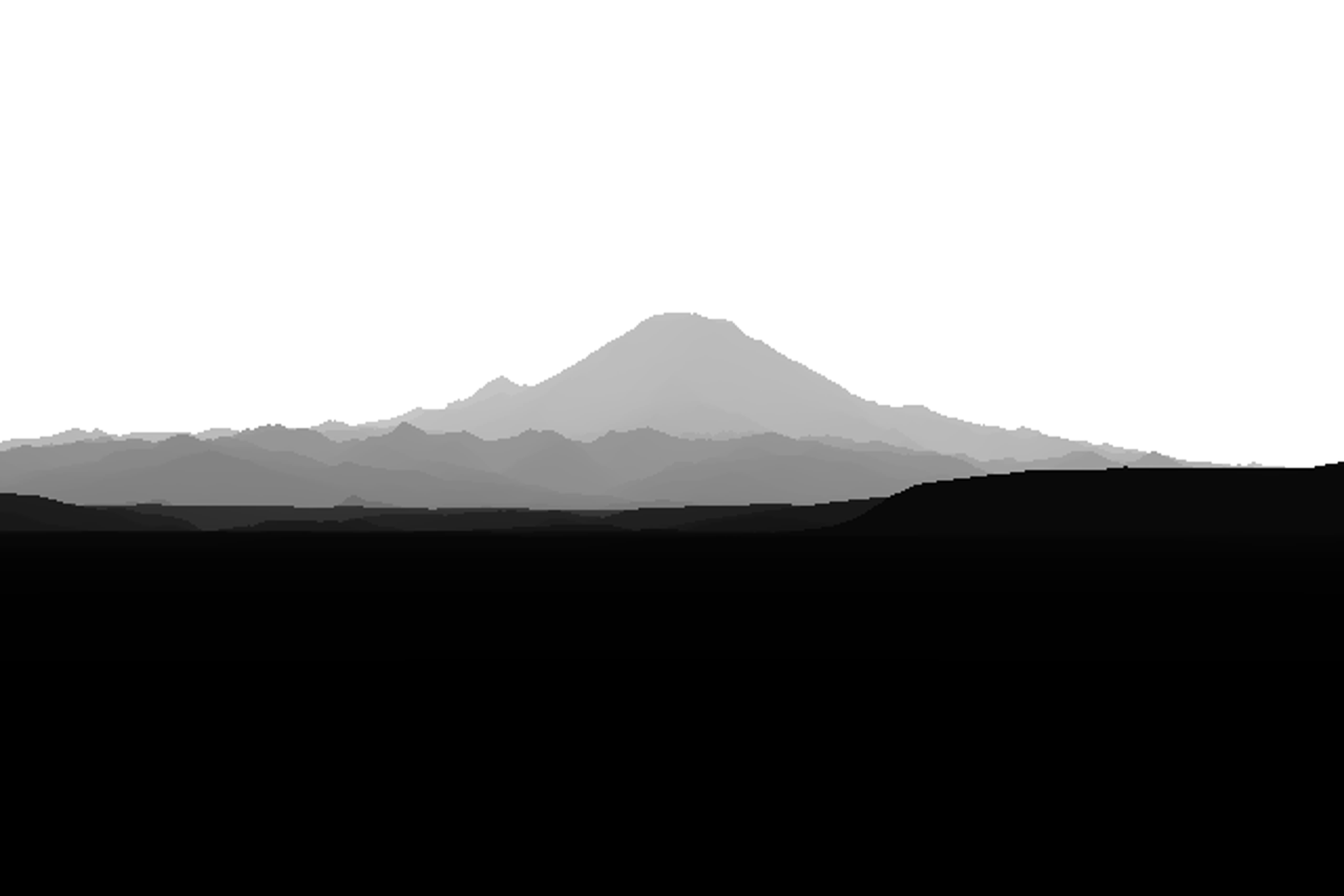 Depth render of Rainier from Seattle: nearer is darker.